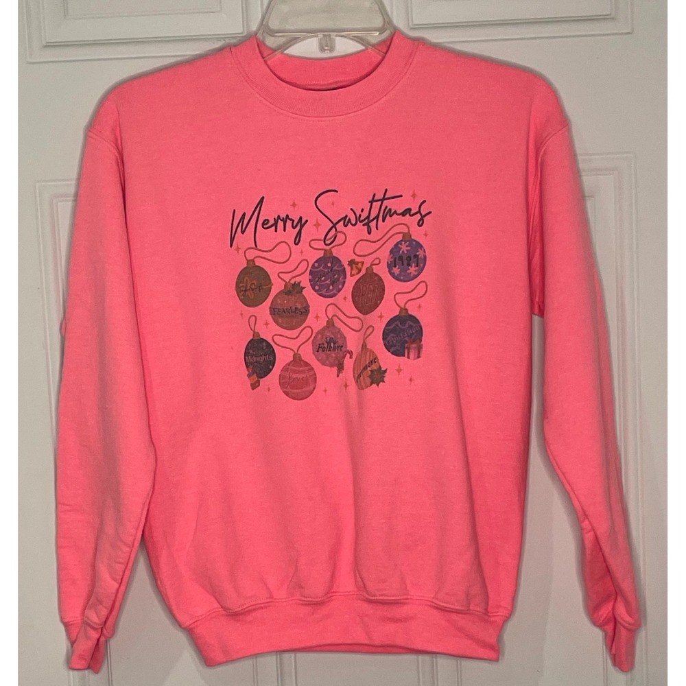 Gildan Merry Swiftmas Youth Large Pink Sweatshirt Christmas Eras Ornaments L
